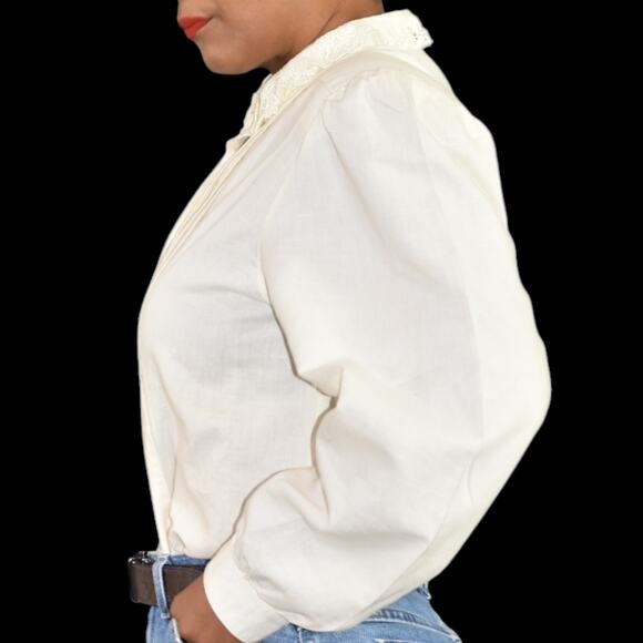 Vintage Peter Pan Collar Shirt White Shoulder Pads Gigot Embroidery Lace Large - Picture 8 of 16